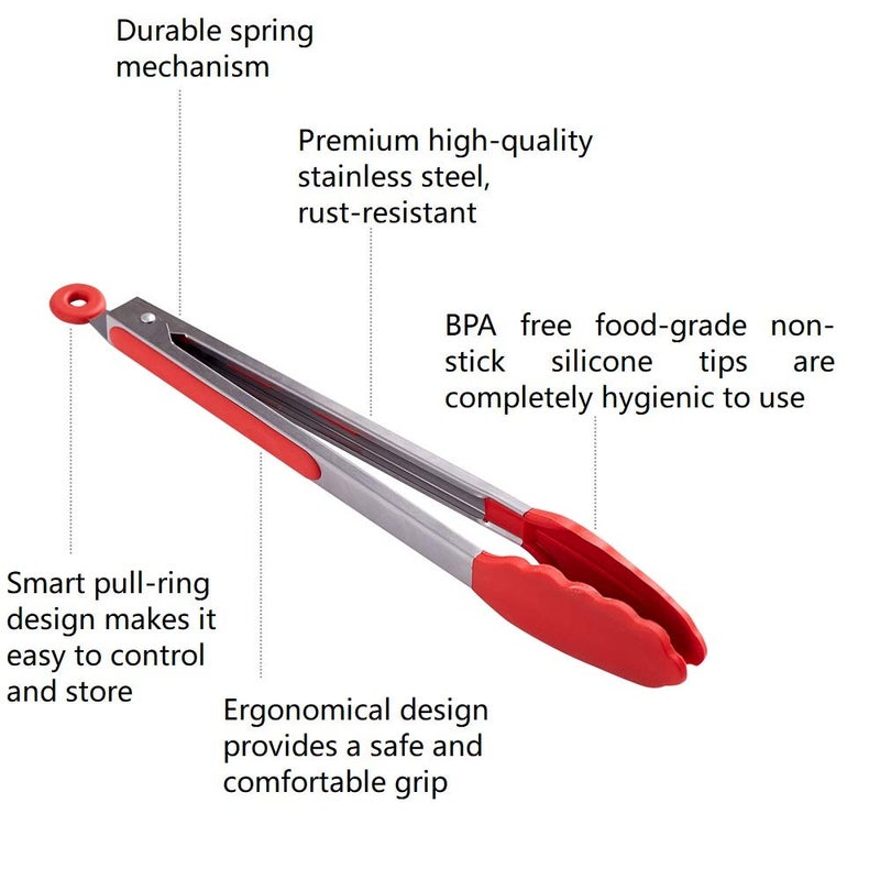 HiramWare Kitchen Tongs Set of 2 â€“ 9 inch & 12 inch â€“ Stainless Steel Food Tongs with Silicone Tips â€“ Premium Locking Non-stick Tongs for Cooking, BBQ, Grilling, Salad - Heavy Duty, BPA Free(Red) - Image 2